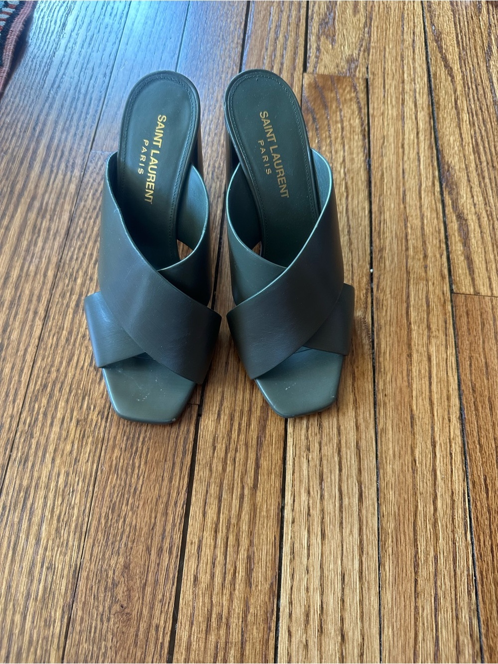 Saint Laurent Olive Green Leather Crisscross Mules
